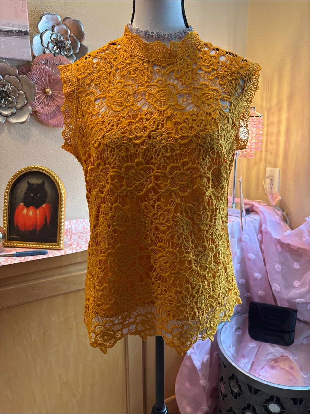 Nanette Lepore Crochet Lace Shell Top in Mustard Yellow